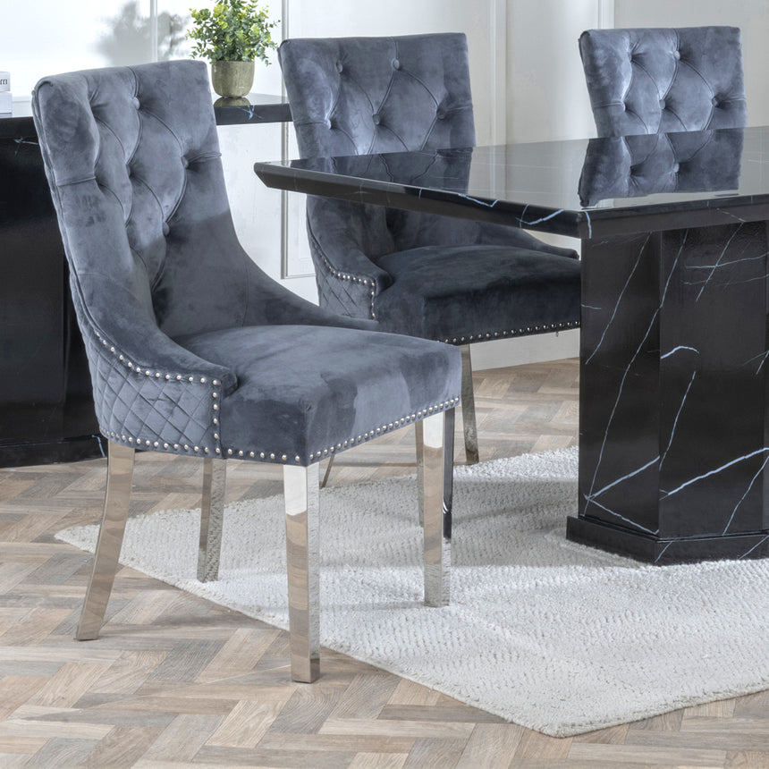 Toronto Marble Marble Dining Set - Lion Knocker Back Velvet Fabric Dining Chair with Chrome Legs