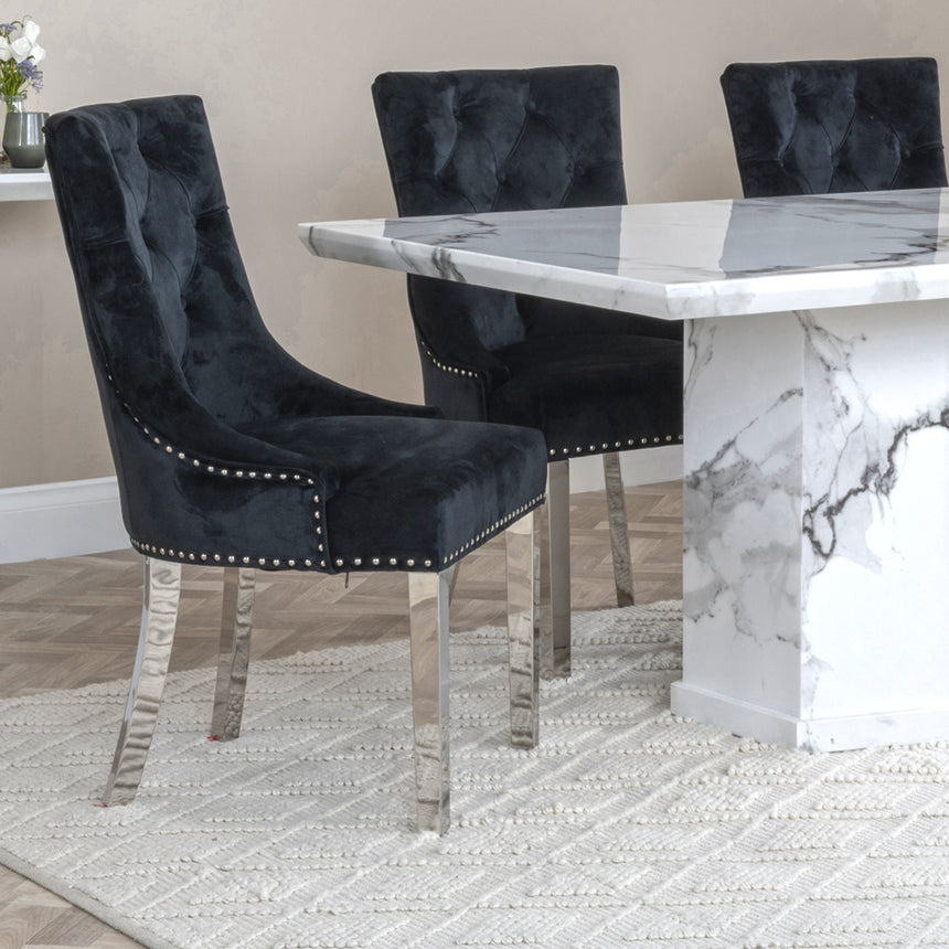 Toronto Marble Marble Dining Set - Knocker Back Velvet Fabric Dining Chair with Chrome Legs
