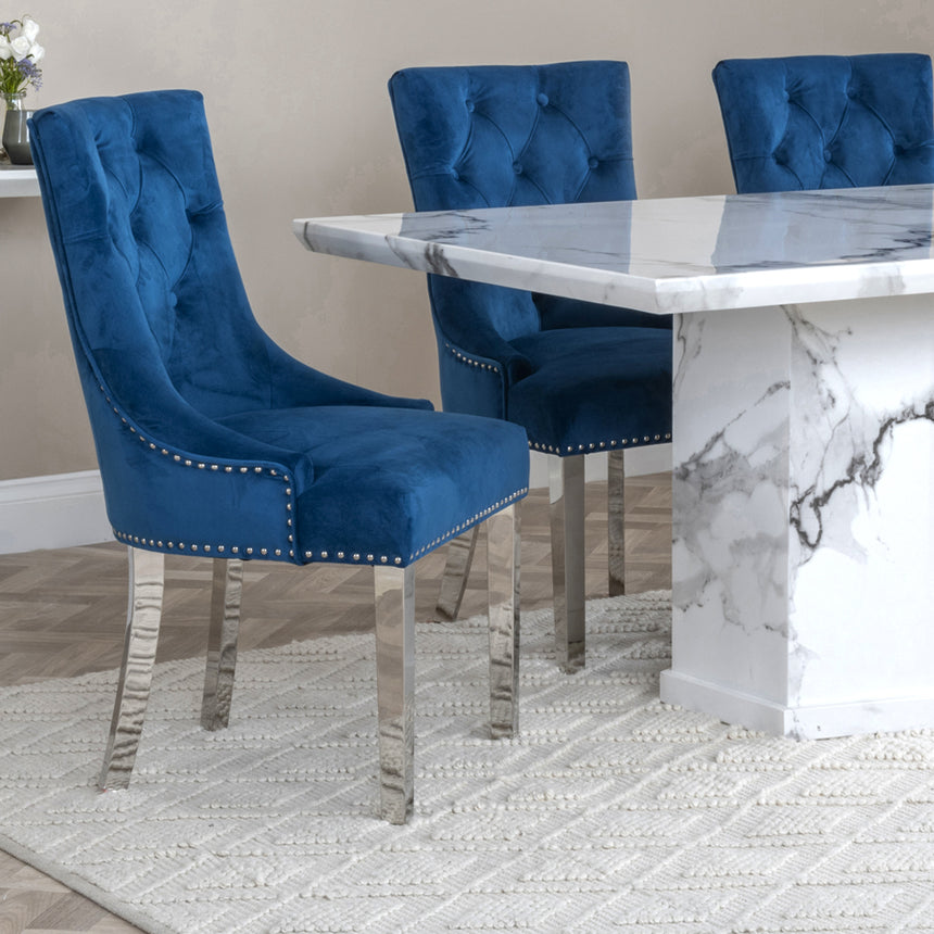 Toronto Marble Marble Dining Set - Knocker Back Velvet Fabric Dining Chair with Chrome Legs
