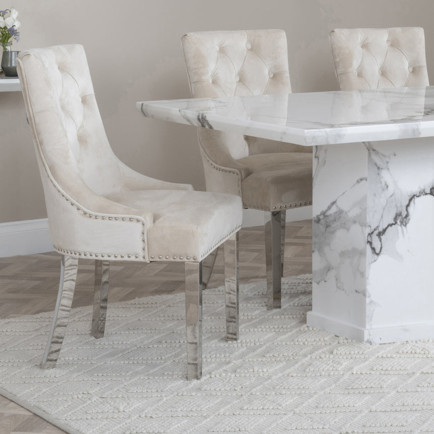 Toronto Marble Marble Dining Set - Knocker Back Velvet Fabric Dining Chair with Chrome Legs