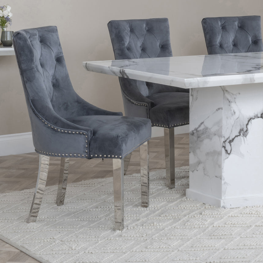 Toronto Marble Marble Dining Set - Knocker Back Velvet Fabric Dining Chair with Chrome Legs