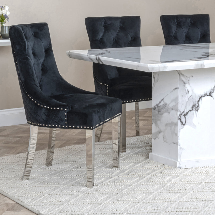 Toronto Marble Marble Dining Set - Lion Knocker Back Velvet Fabric Dining Chair with Chrome Legs