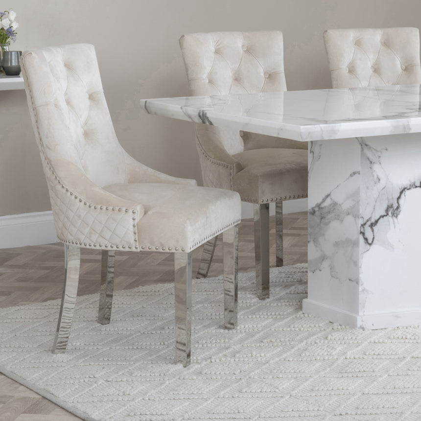 Toronto Marble Marble Dining Set - Lion Knocker Back Velvet Fabric Dining Chair with Chrome Legs