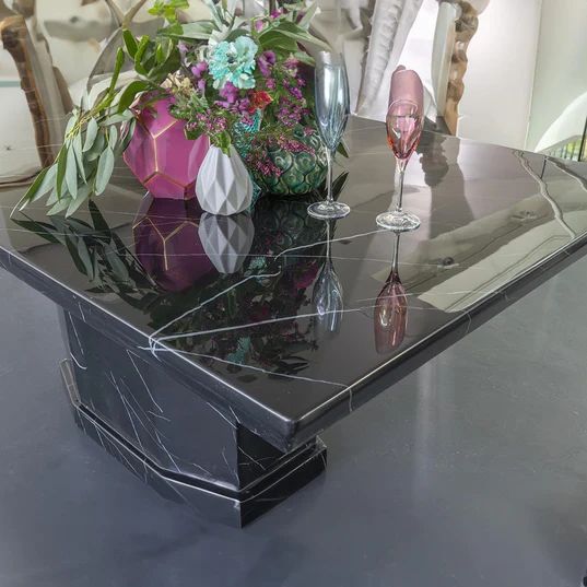 Turin Black Marble Dining Set - Modica Faux Leather Chairs