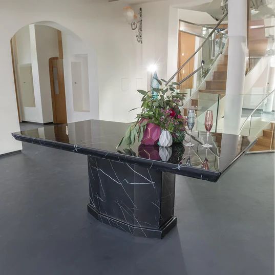 Turin Marble Dining set - Abruzzo Black High Gloss and Beige Fabric Chairs