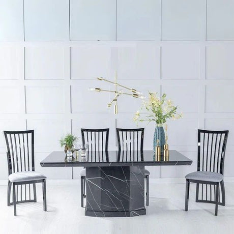 Turin Marble Dining set - Abruzzo Black High Gloss and Beige Fabric Chairs