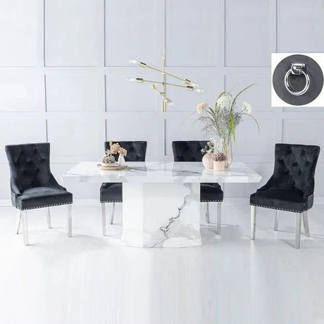Turin White Marble Dining Set - Fabric Knocker Back Chairs with Chrome Legs