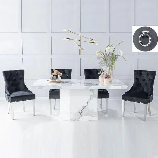 Turin White Marble Dining Set - Fabric Knocker Back Chairs with Chrome Legs