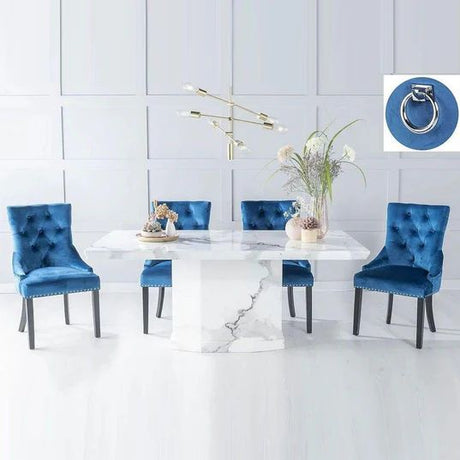 Turin White Marble Dining Set - Fabric Knocker Back Chairs with Black Legs