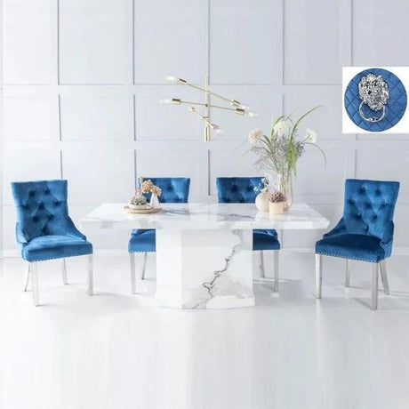 Turin White Marble Dining set - Fabric Lion Head Ring Back Chairs with Chrome Legs