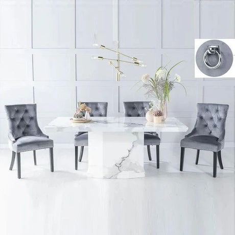 Turin White Marble Dining Set - Fabric Knocker Back Chairs with Black Legs