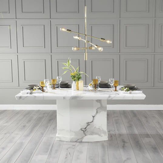 Turin White Marble Dining Set - Fabric Knocker Back Chairs with Chrome Legs