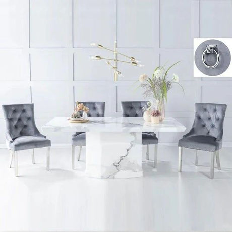 Turin White Marble Dining Set - Fabric Knocker Back Chairs with Chrome Legs