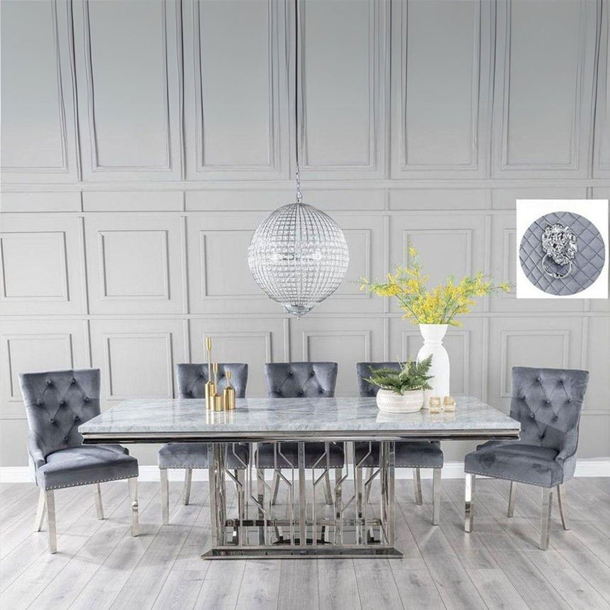 Sardinia Grey Marble and Chrome Dining Set - Fabric Lion Knocker Back Chairs with Chrome Legs