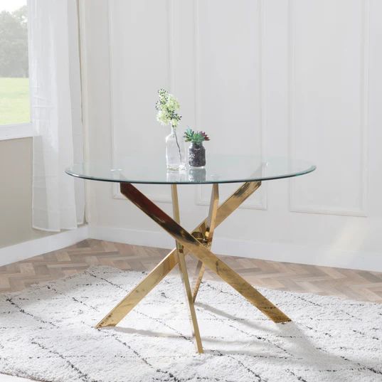Venezia Glass 4 Seater Round Dining Table with Gold Metal Chopstick Legs