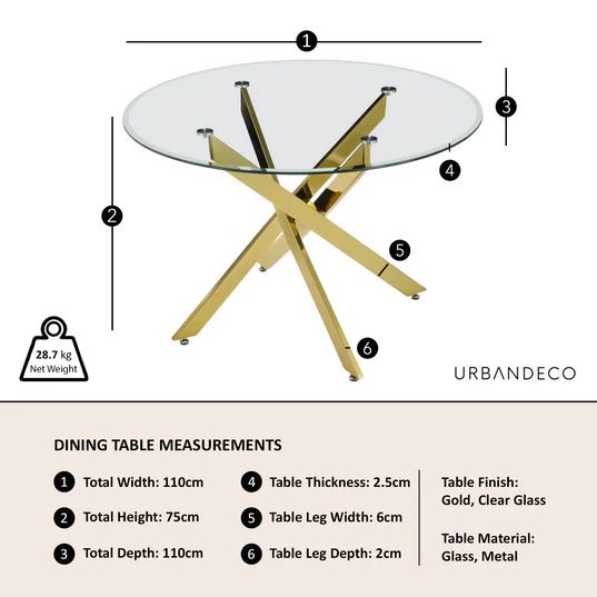 Venezia Glass 4 Seater Round Dining Table with Gold Metal Chopstick Legs