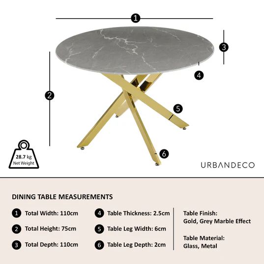 Venezia Glass 4 Seater Round Dining Table with Gold Metal Chopstick Legs