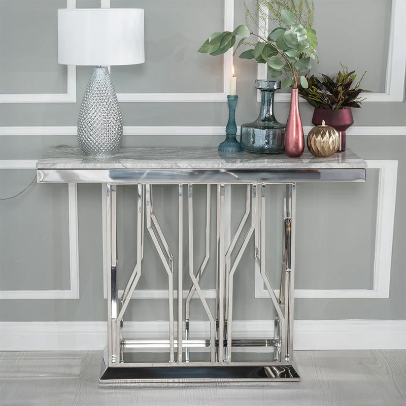 Verona Grey Marble and Chrome Console Table with Artistic Base