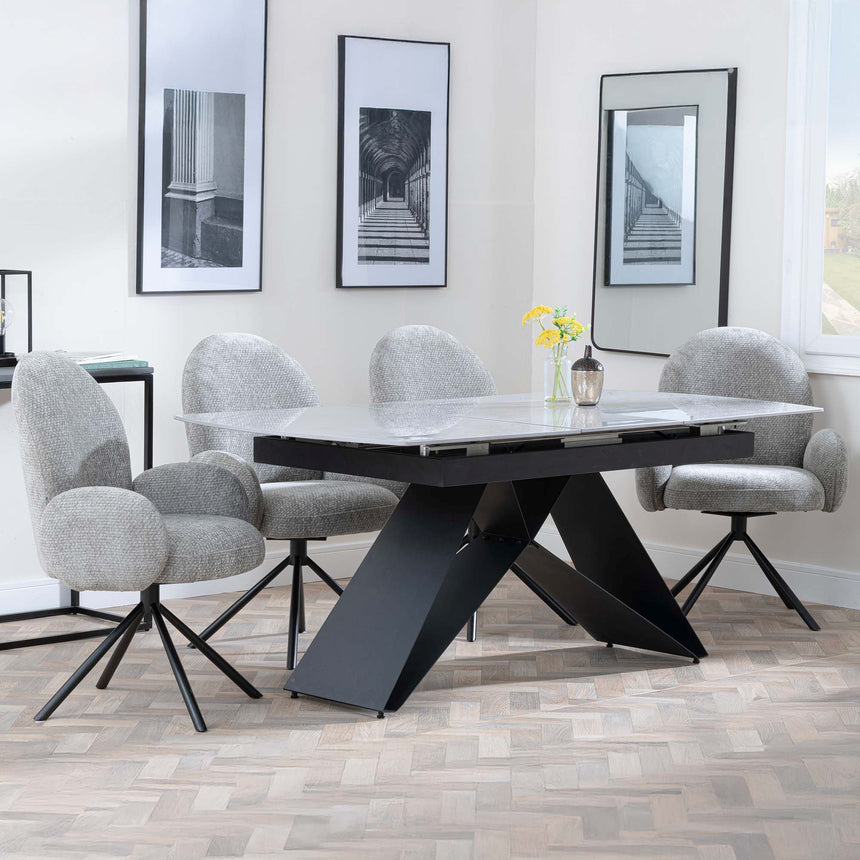 Wedge Grey Ceramic Extending Dining Set - Altavista Grey Fabric Swivel Dining Chair