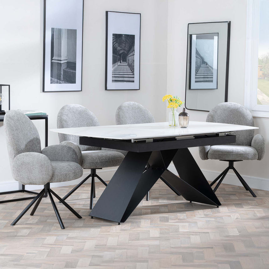 Wedge White Ceramic Extending Dining Set - Altavista Grey Fabric Swivel Dining Chair
