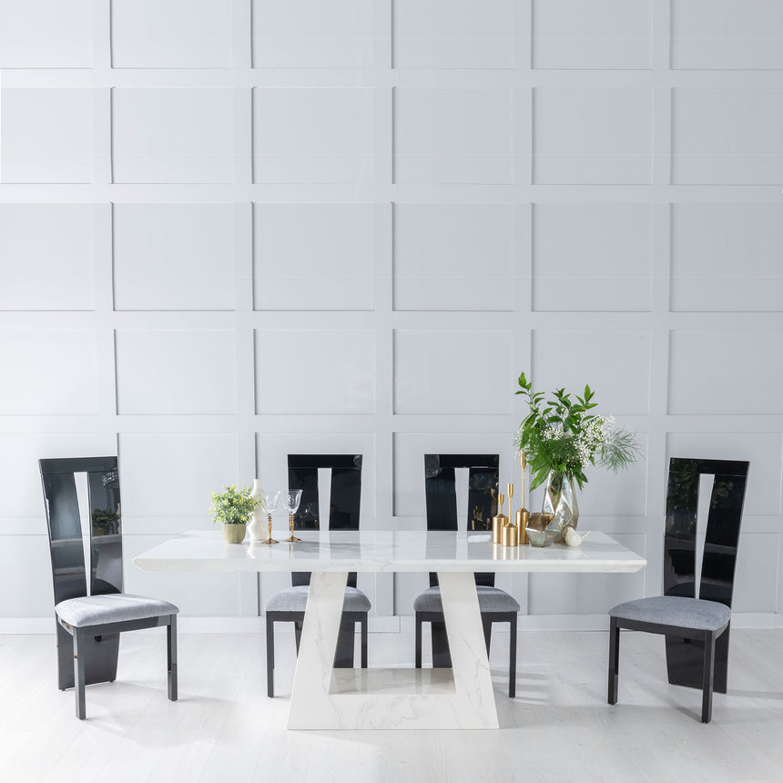 Pesaro Marble Dining Table Set, Rectangular White Top and Triangular Pedestal Base with Altadena Black and Grey Fabric Chairs