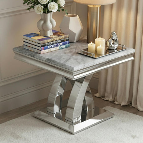 Lisbon Lamp Table - Square - Grey Marble & Chrome