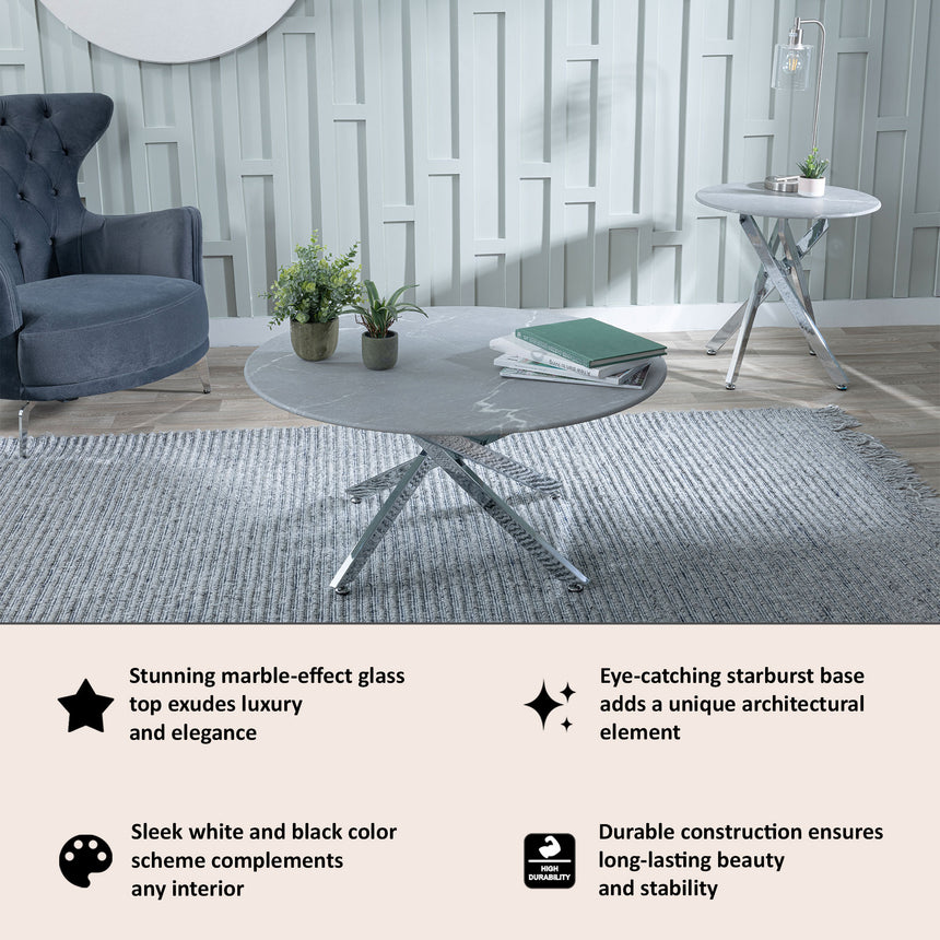 Ashley Glass Round Coffee Table with Chrome Metal Chopstick Legs