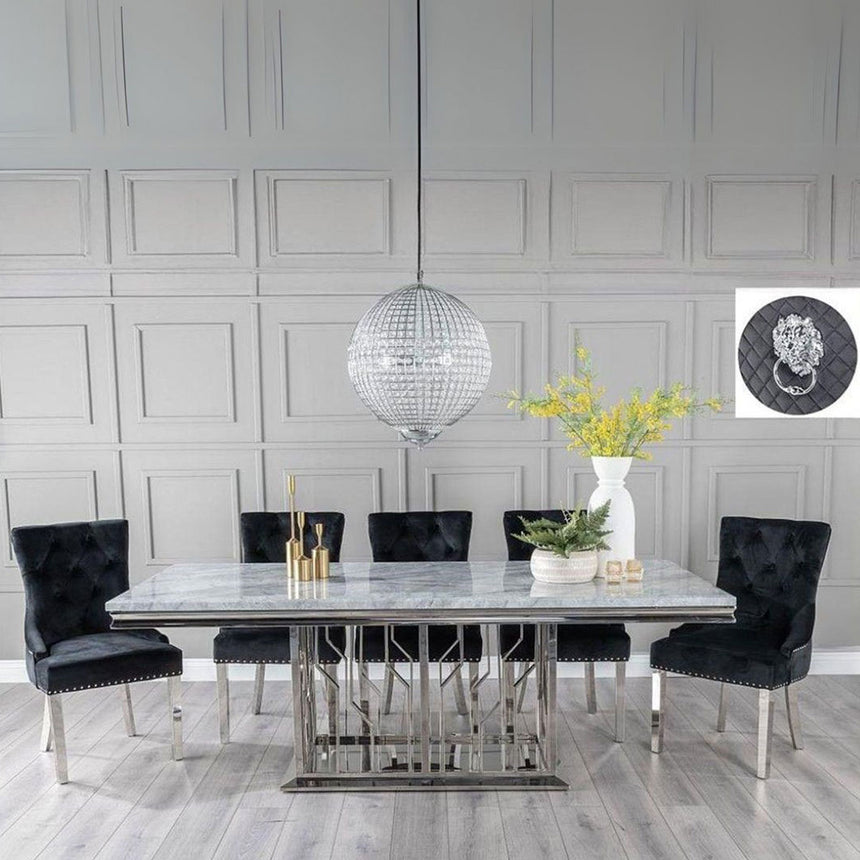 Sardinia Grey Marble and Chrome Dining Set - Fabric Lion Knocker Back Chairs with Chrome Legs