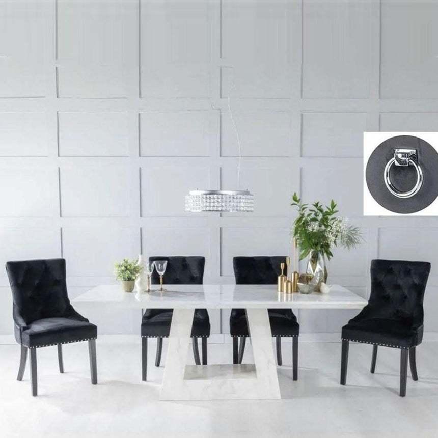 Pesaro White Marble Dining Set - Fabric Knocker Back Chairs with Black Legs