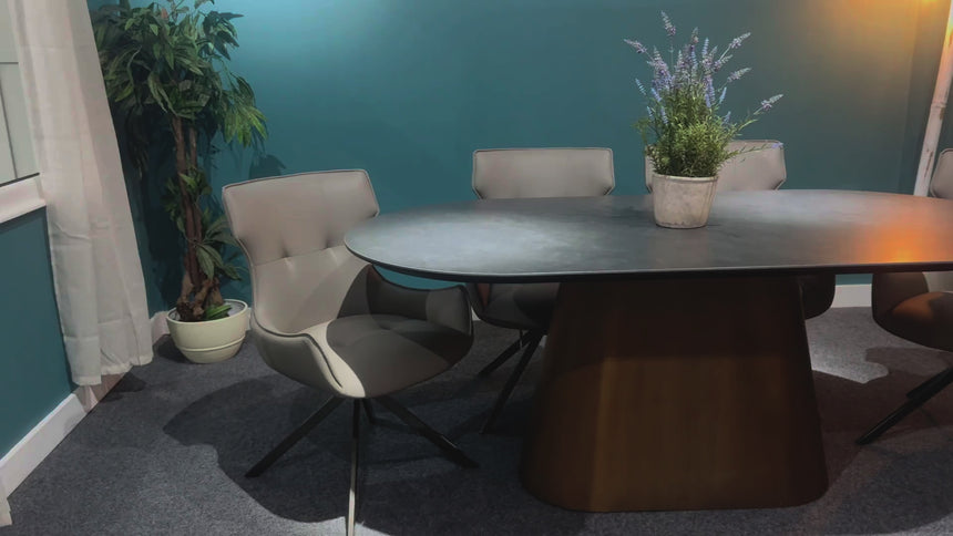 Meran 180cm Dark Grey Ceramic Oval Dining Table with Bronze Pedestal Base
