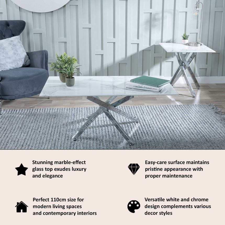 Ravenna Glass Coffee Table with Chrome Metal Chopstick Legs