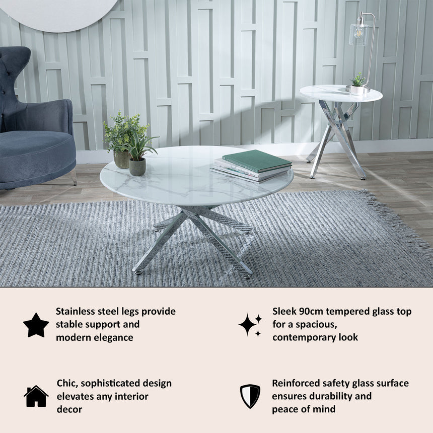 Ravenna Glass Round Coffee Table with Chrome Metal Chopstick Legs